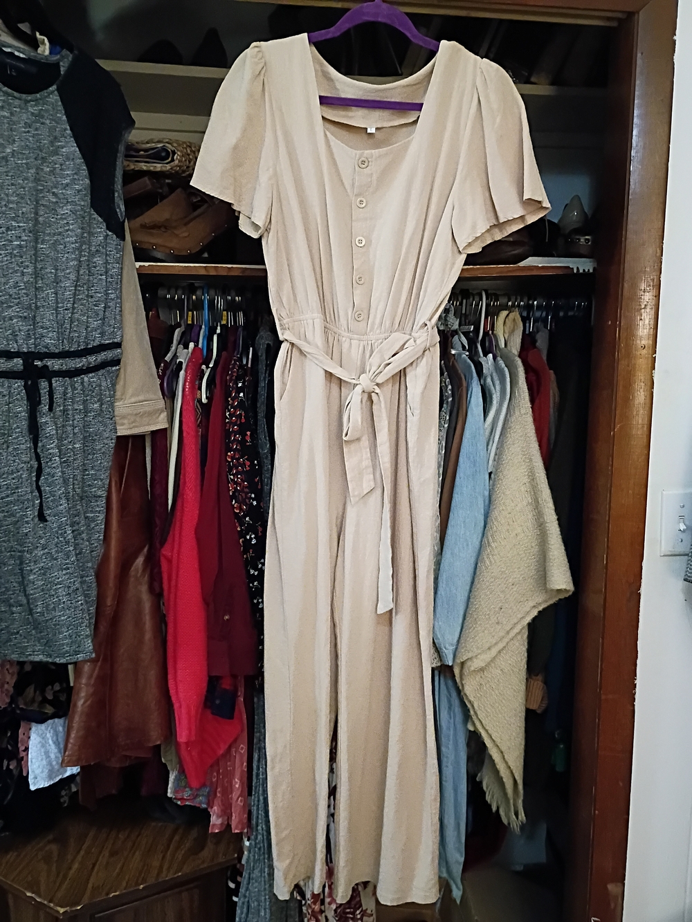 Neutral Beige Button-Front Tie-Waist Jumpsuit